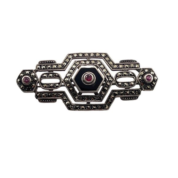 Antique Art Deco Brooch With Marcasite Ruby Gemstone Accents - Picture 1 of 7